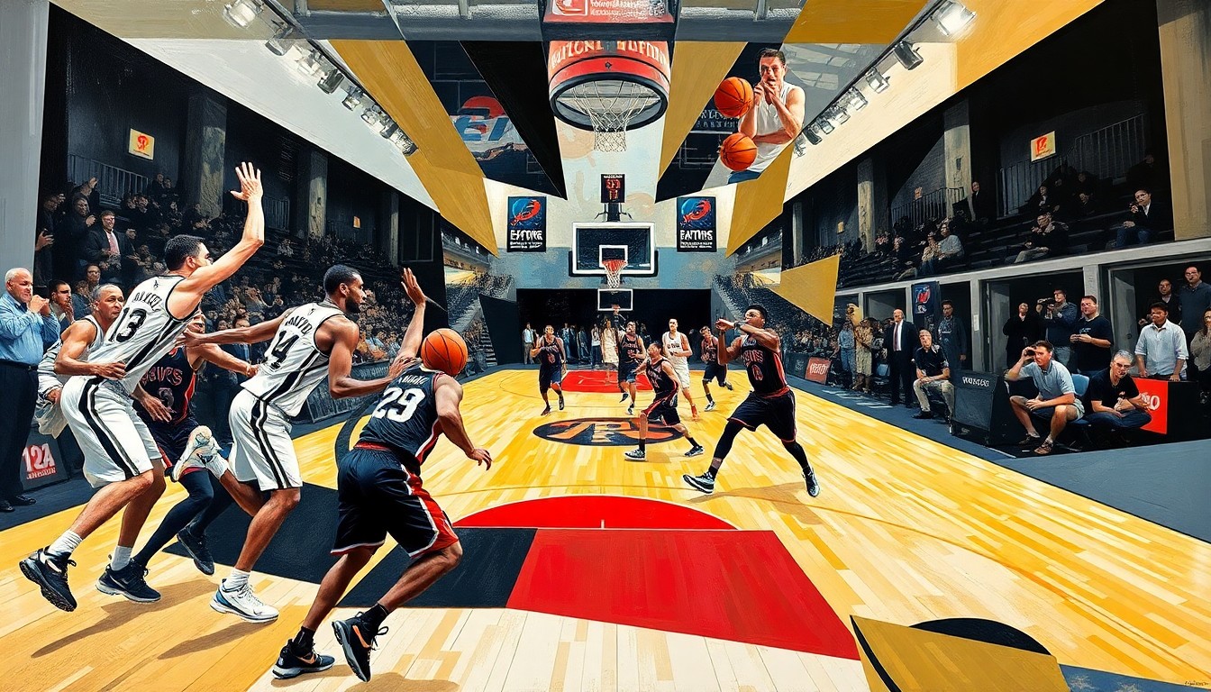 A cubist-style painting depicting a basketball game between the San Antonio Spurs and Toronto Raptors, with the players' movements and the intensity of the game captured through sharp, overlapping geometric planes in a fractured, multi-perspective composition.