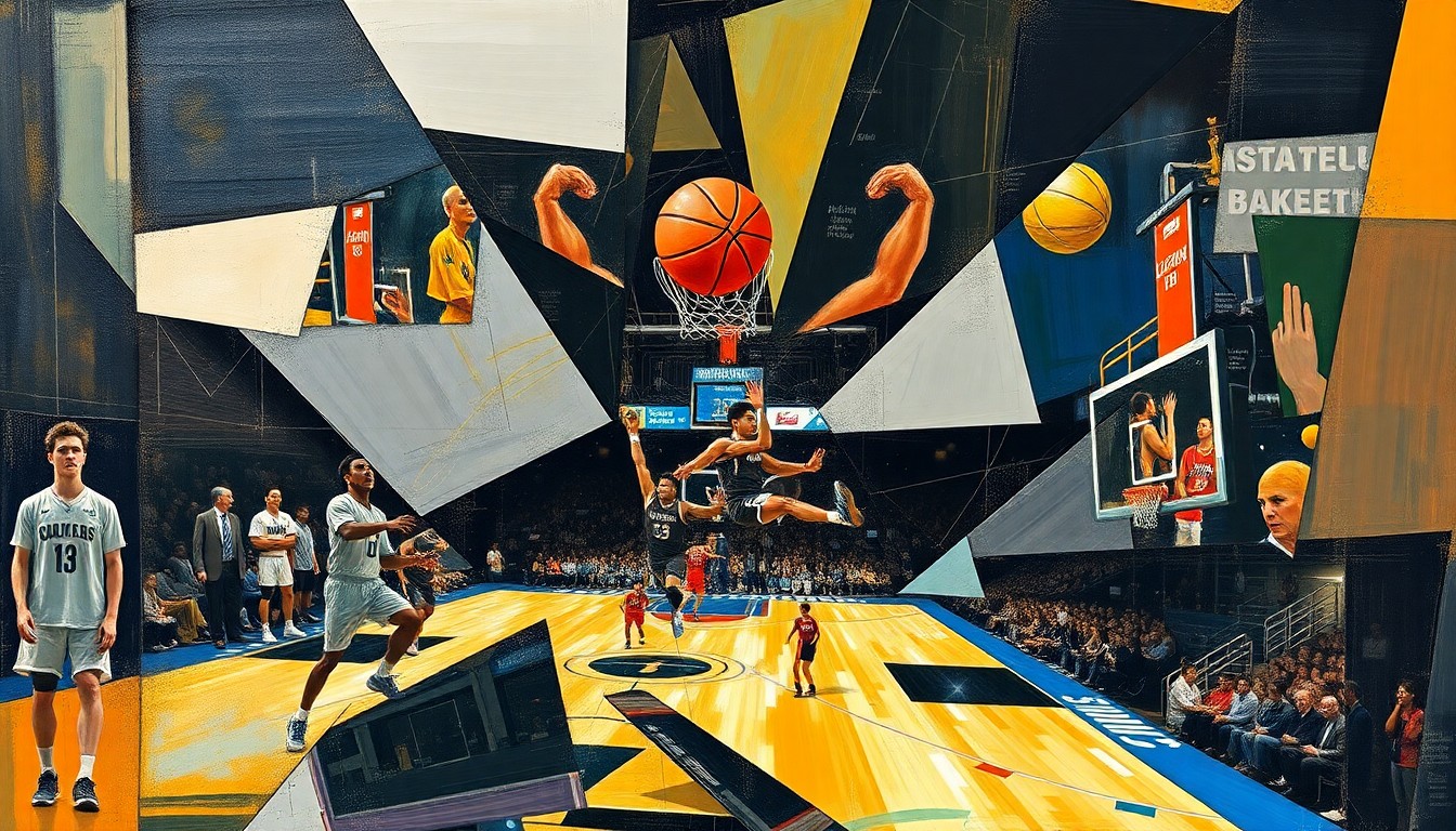A fractured, multi-perspective painting depicting a college basketball game or competition, with sharp, overlapping geometric planes in a cubist style, capturing the dynamic and unpredictable nature of the sport.