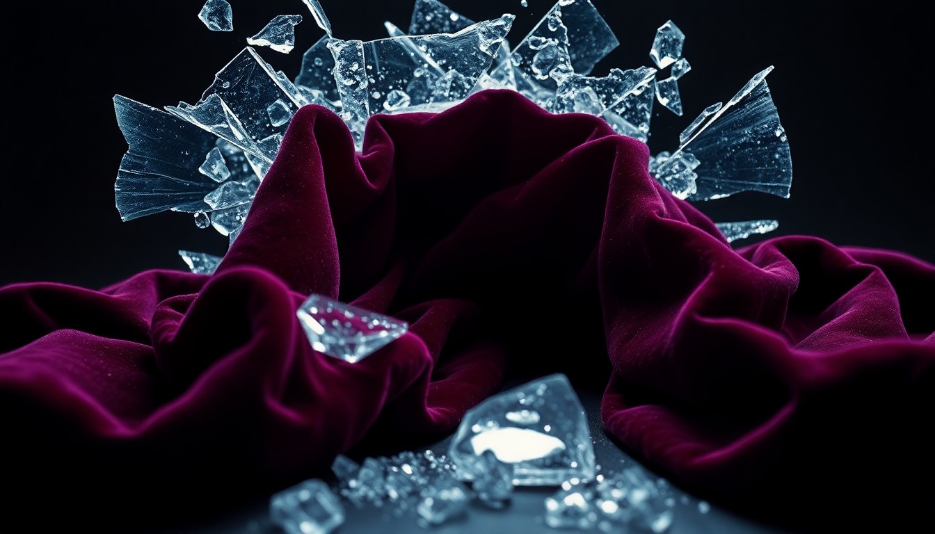 An abstract close-up photograph featuring shattered glass and crumpled velvet fabric, captured in dramatic, high-contrast studio lighting to convey a sense of fragility and melancholy.