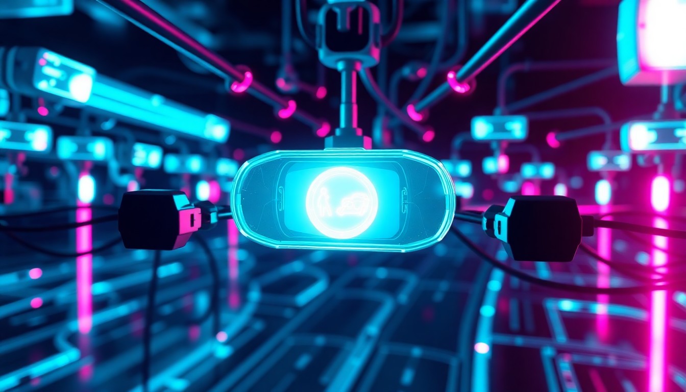 A highly detailed, glowing 3D illustration of a network of interconnected autonomous vehicle sensors and cameras, illuminated by vibrant neon lights, representing the complex digital infrastructure behind self-driving cars.