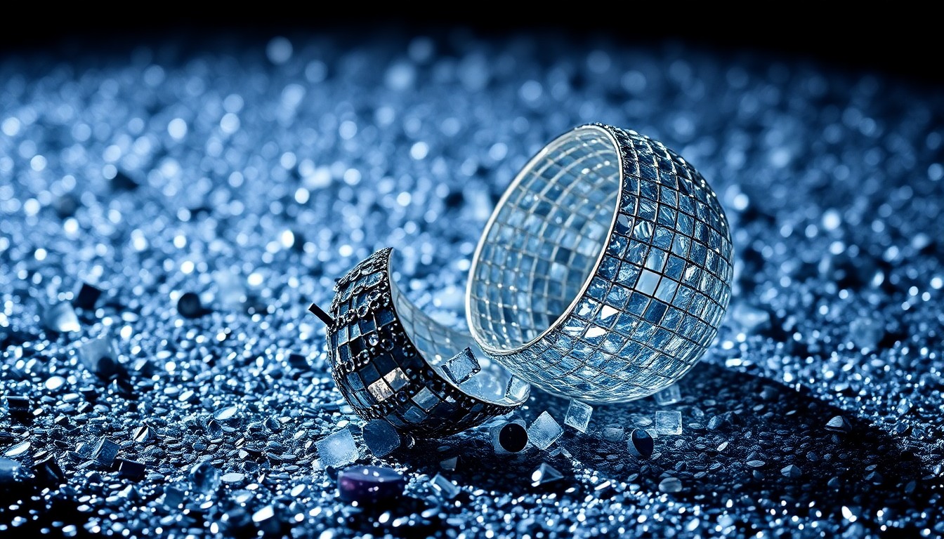 An abstract close-up image featuring a textured, high-contrast composition of glittering sequins and shattered glass, evoking the glamour and cultural hybridity of modern beauty pageants.