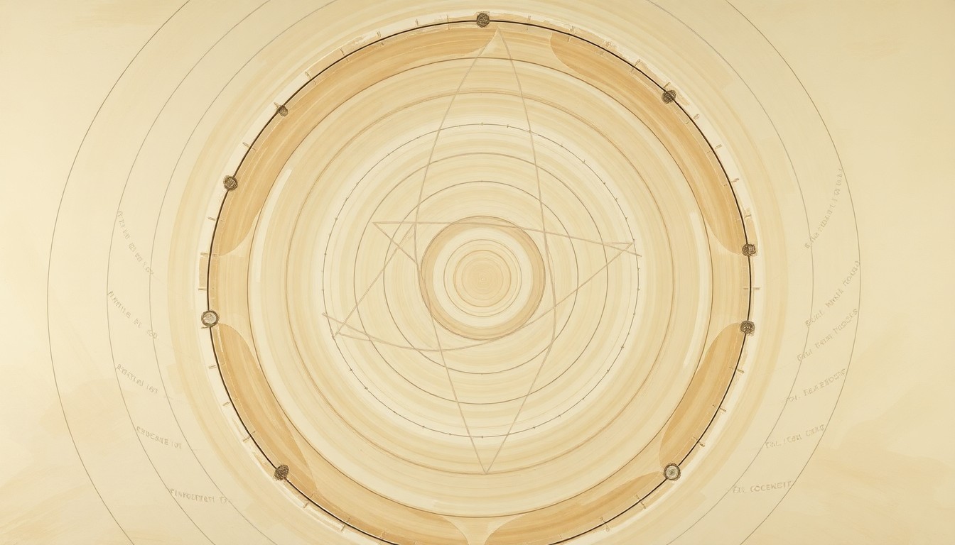 A bold, abstract painting featuring sweeping geometric arcs, concentric circles, and precise spirals in earthy tones, conceptually representing the complex forces of quantum physics without using any text or diagrams.