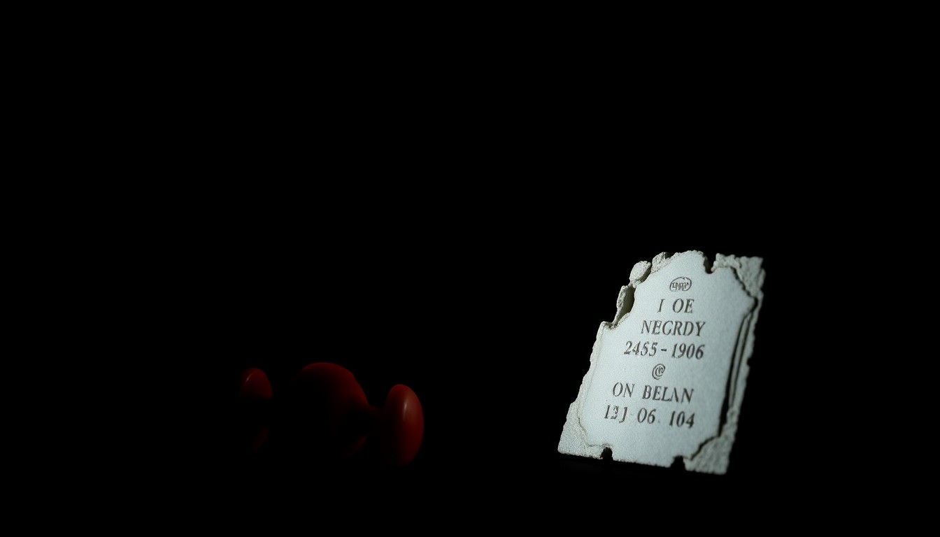 An extreme close-up photograph of a damaged cemetery headstone or broken toy, lit by a harsh, direct camera flash against a pitch-black background, conceptually representing the vandalism of James Bulger's grave and the ongoing trauma of this tragic case.