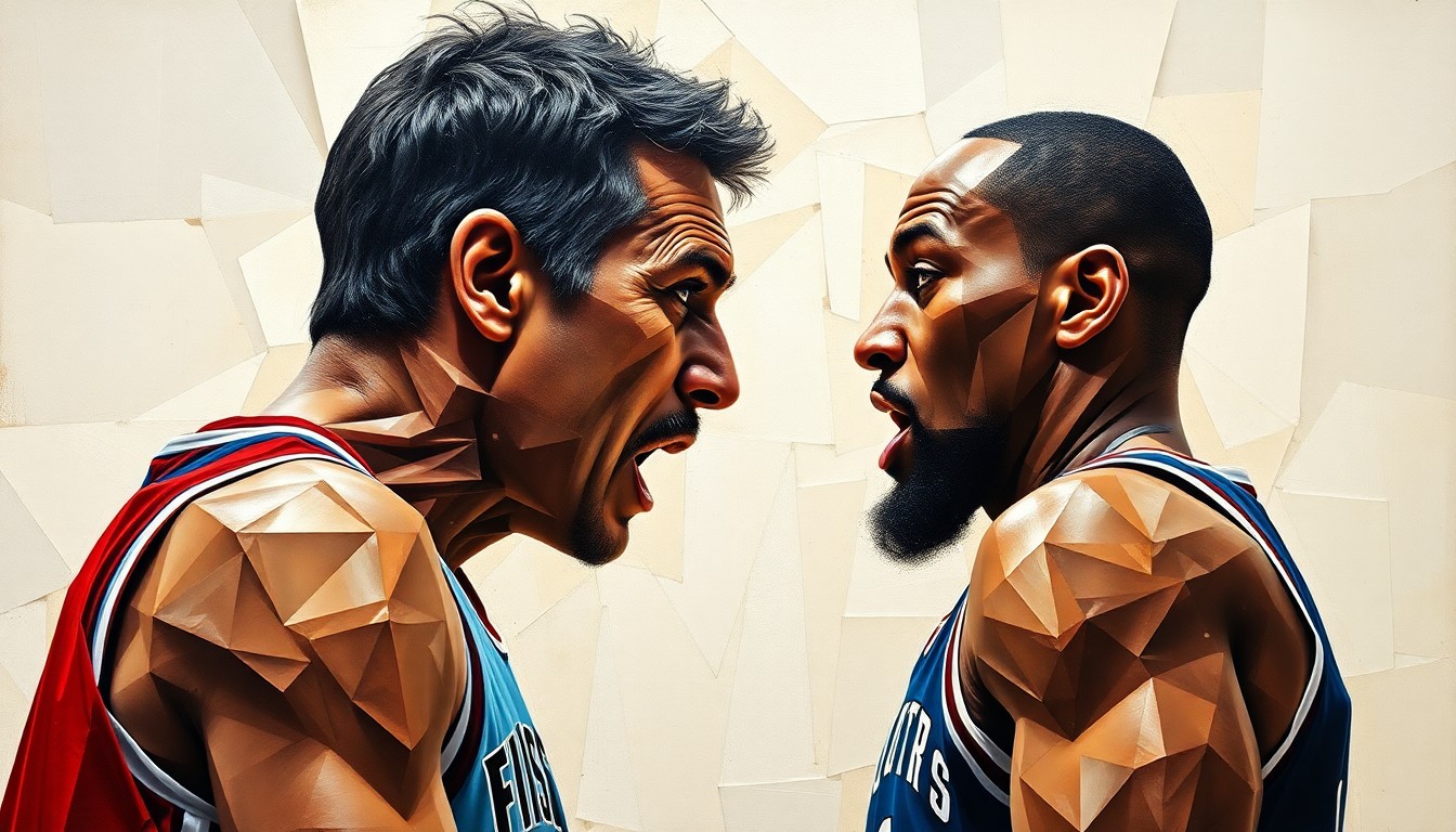 A cubist-style painting depicting a heated confrontation between a basketball coach and player, with their bodies and faces fractured into sharp, overlapping geometric shapes that convey the intensity and emotion of the moment.