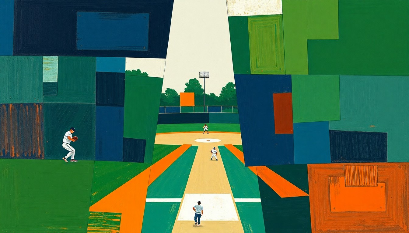 A fractured, geometric painting depicting the dynamic movements and intense focus of a baseball game or practice, with sharp planes of navy blue, forest green, and burnt orange hues conceptually representing the unique challenges a college coach faces in transitioning to the major league level.