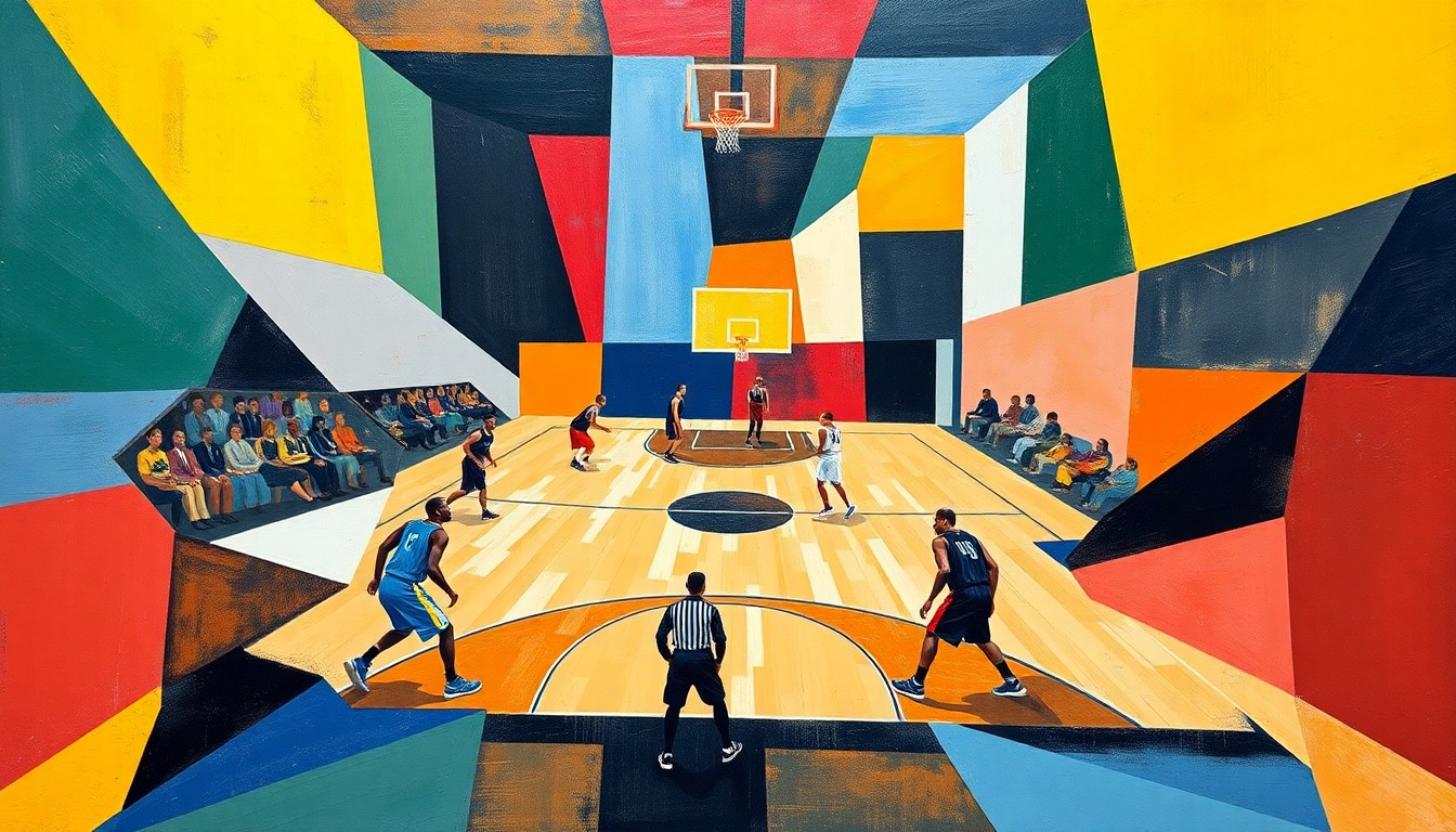 A fragmented, cubist-style painting depicting a basketball game or match, with the players and court broken down into sharp, overlapping geometric shapes and planes of vibrant color, creating a dynamic, abstract visual representation of the sport.