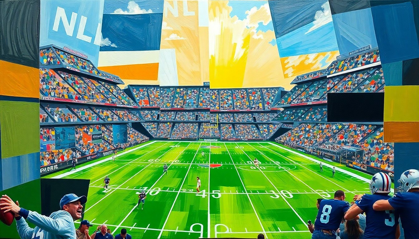 A cubist, geometric painting depicting a fragmented, multi-angled view of a football player or NFL draft scene, with sharp planes of color and form representing the complex factors the Chicago Bears must consider in their 2026 draft strategy.