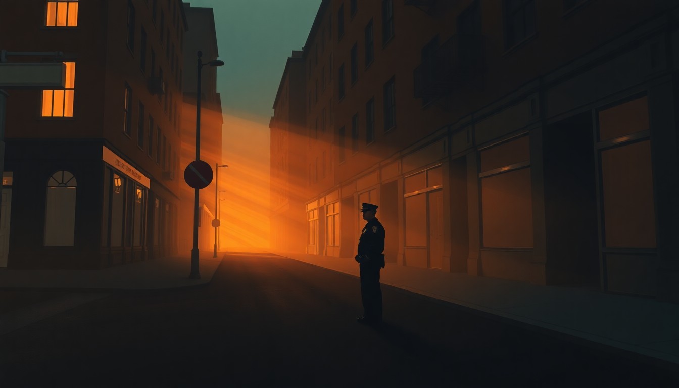 A moody, atmospheric painting depicting a lone police officer standing on a deserted urban street, the scene bathed in warm, dramatic lighting that casts deep shadows, conveying a sense of solitude and contemplation.