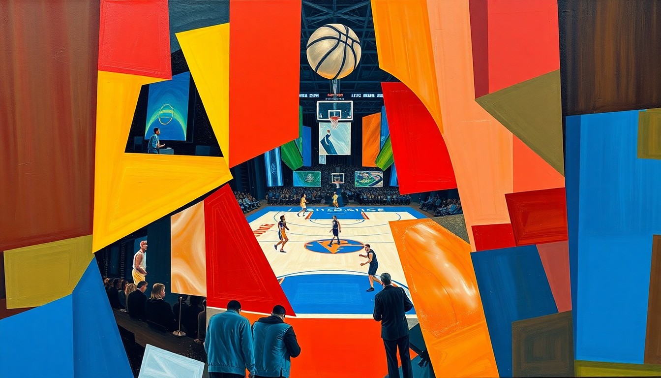 A cubist, geometric painting depicting a WNBA basketball game in motion, with sharp, overlapping shapes and planes in the official colors of the Las Vegas Aces team.