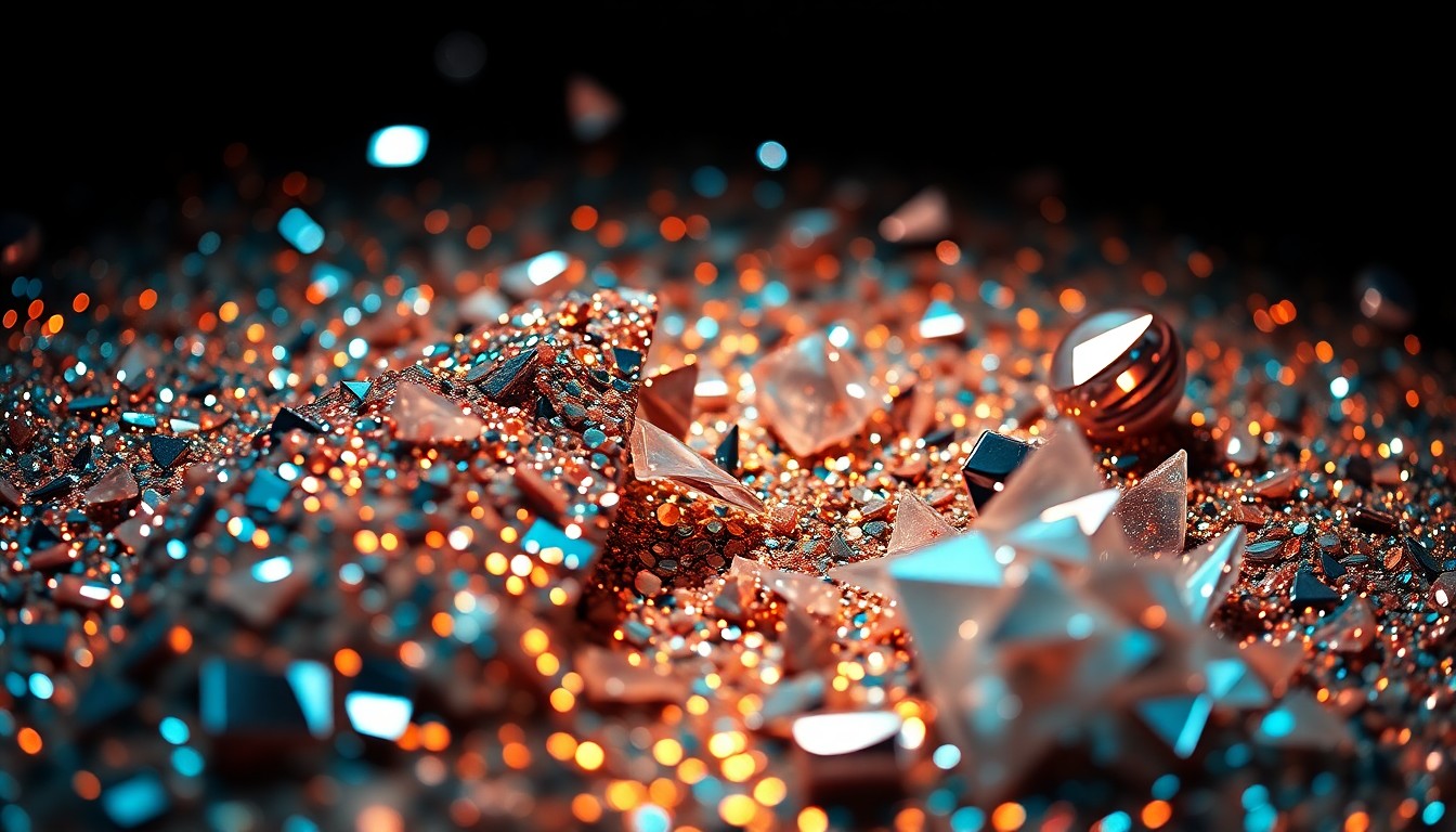 An abstract close-up photograph featuring a dramatic, high-contrast composition of glittering sequins and shattered disco glass, conceptually representing the complexities of a celebrity's return to performing despite a debilitating chronic condition.