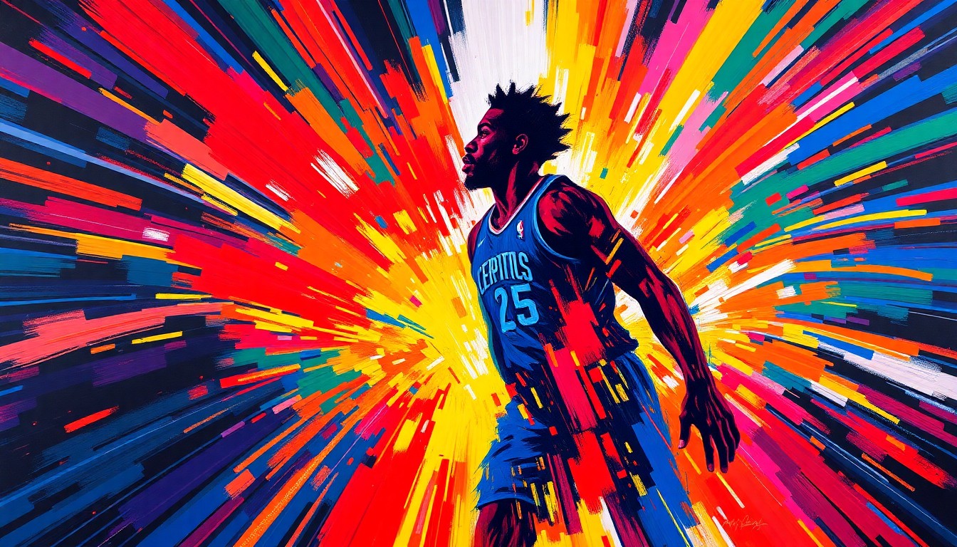 An abstract, expressionist painting in vibrant neon colors, with rapid brushstrokes capturing the energy and excitement of a basketball game, with Kawhi Leonard's silhouette emerging from the blur of movement.