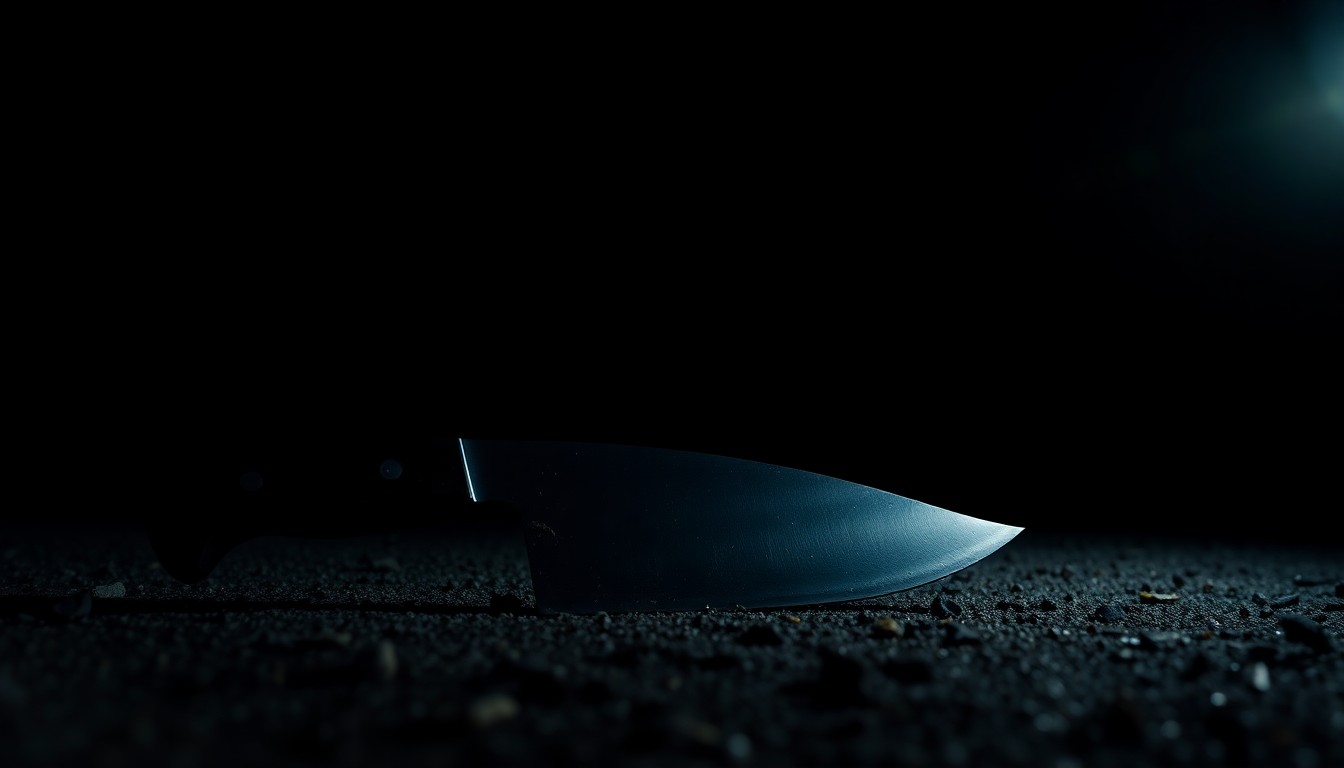 An extreme close-up photograph of a machete blade on the ground, the metal reflecting a harsh white light and casting dramatic shadows, conceptually illustrating the dangerous weapon used in the attack.