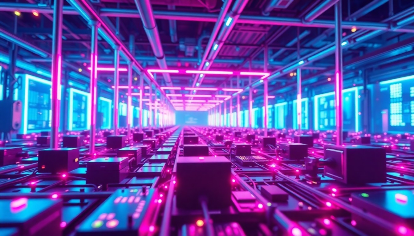 A highly detailed, three-dimensional illustration depicting various cybernetic hardware components glowing with neon cyan and magenta lights, representing the advanced technology infrastructure that enables efficient AI-powered coding workflows.