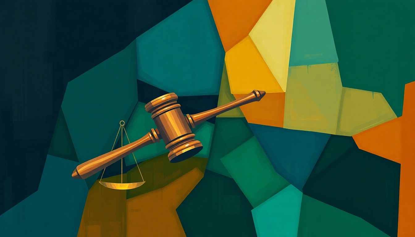 A heavily textured, fragmented painting in shades of blue, green, and orange, depicting an abstract representation of a gavel and scales of justice, conveying the chaotic political tensions around accusations of mortgage fraud.