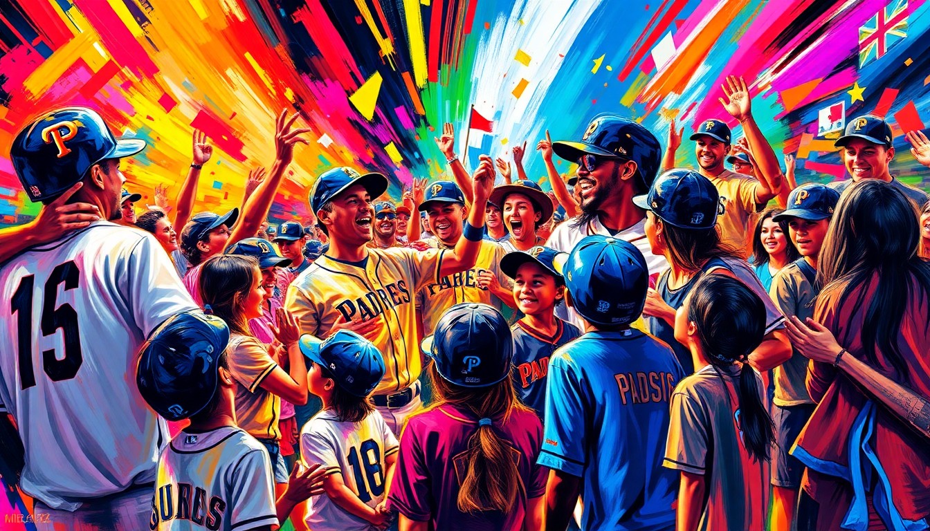 A dynamic, colorful painting with bold, energetic brushstrokes depicting Padres players high-fiving and interacting with enthusiastic students and community members, capturing the spirit of the team's outreach efforts.
