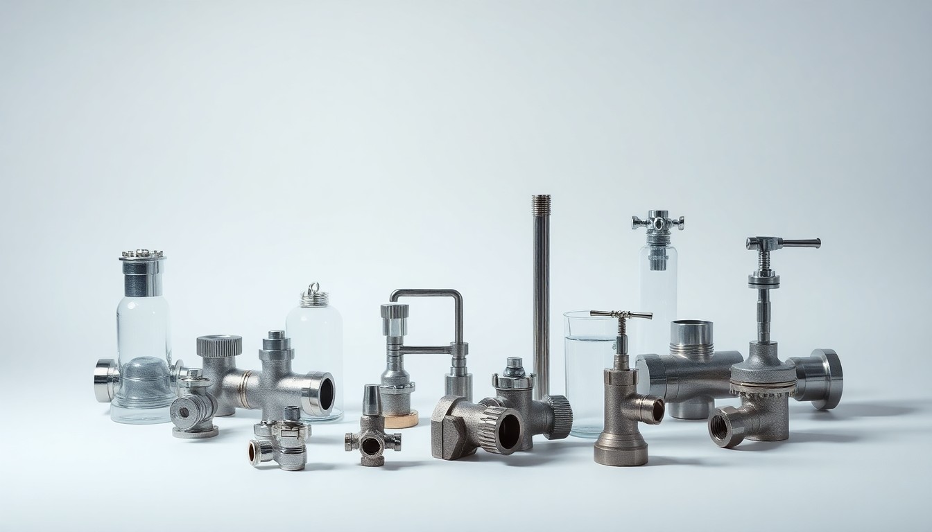 A high-end studio photograph featuring a collection of polished metal and glass pipes, fittings, and valves arranged elegantly on a clean, monochromatic background, conceptually representing the technical complexity of municipal water infrastructure.