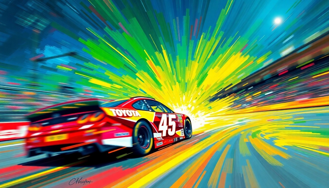 An abstract, expressionist painting in vibrant neon colors, capturing the blurred motion and energy of a NASCAR race car crossing the finish line, representing the excitement and significance of Tyler Reddick's historic Daytona 500 win for 23XI Racing.