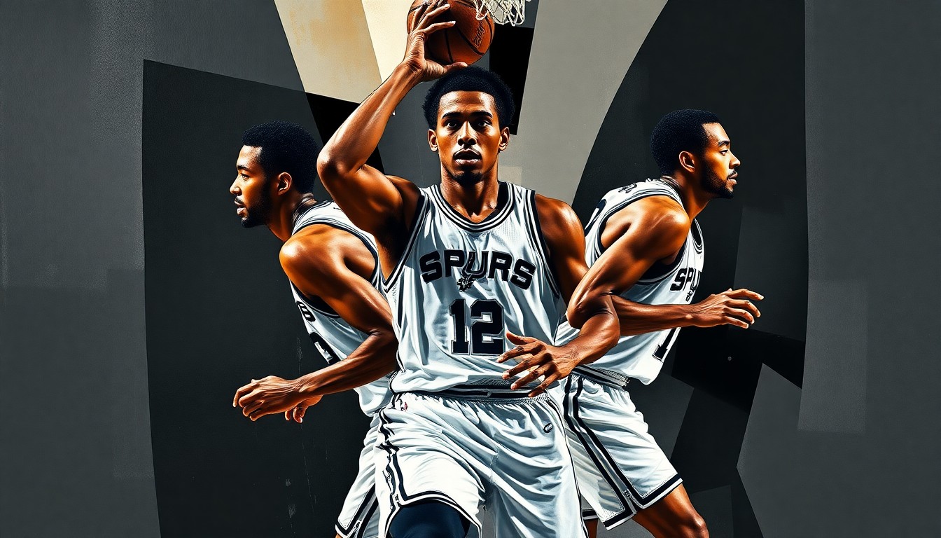 A fractured, cubist-style painting depicting the dynamic movements and energy of the San Antonio Spurs' backcourt trio, with sharp, overlapping geometric planes representing the players' talent and potential.