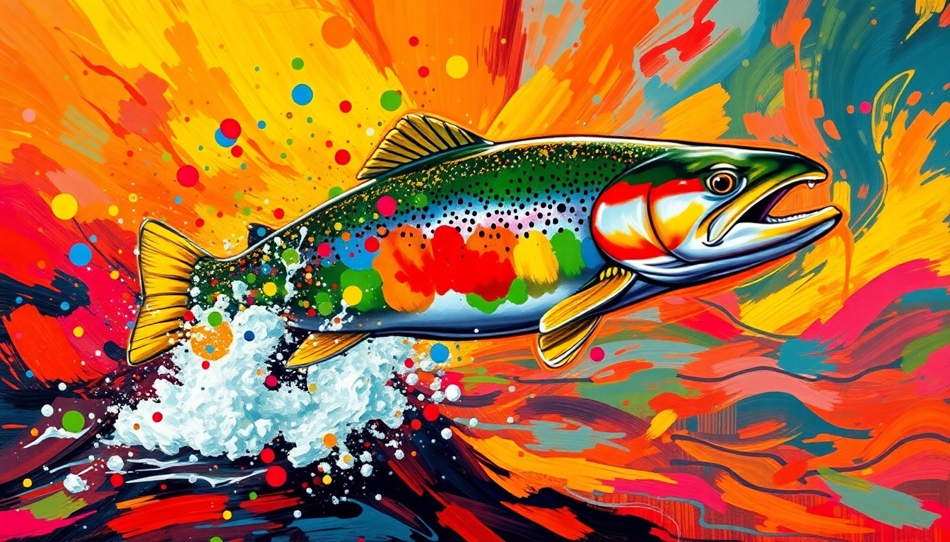 An abstract, expressionist painting featuring a leaping trout dissolving into vibrant brushstrokes of neon colors, capturing the raw energy and excitement of the trout fishing season.