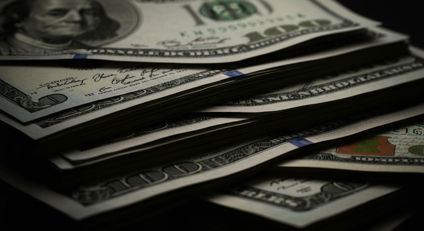 An extreme close-up of a stack of crisp $100 bills, heavily shadowed and textured to evoke a sense of financial security and stored wealth, conceptually representing the challenges of maximizing retirement funds for longtime Bay Area homeowners.