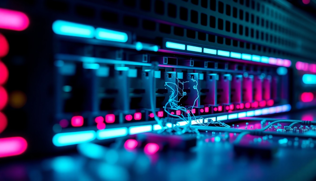A highly detailed, glowing 3D illustration of a damaged network server or router, with neon cyan and magenta lights illuminating the internal circuitry and components, conceptually representing the disruption to Northern Ireland's digital education infrastructure caused by the C2K cyber attack.