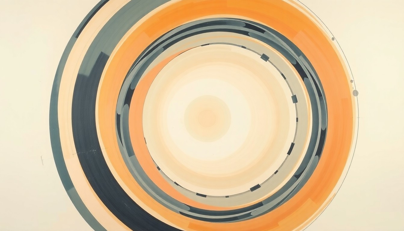 A bold, abstract painting in soft blues, greens, and grays, featuring sweeping geometric shapes and intersecting waveforms that evoke the complex scientific concepts central to Stephen Hawking's groundbreaking research and theories.