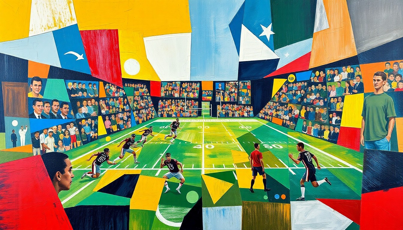 A cubist, geometric painting depicting a fragmented football field and players, with sharp, overlapping planes of color and shape representing the intensity and chaos of the sport.