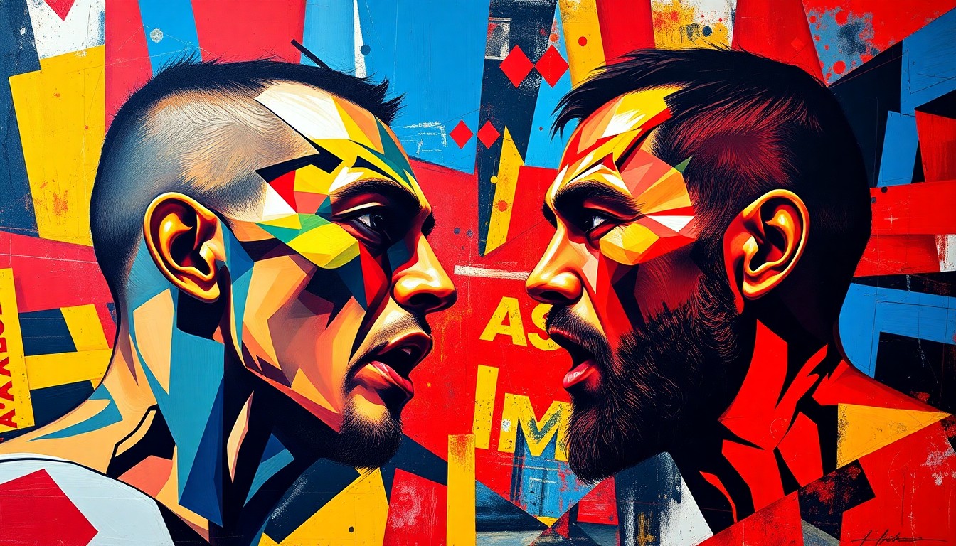A cubist, geometric painting depicting a fractured, multi-perspective view of a UFC fight, with sharp planes of red, blue, and yellow colors representing the intensity and aggression of the sport.