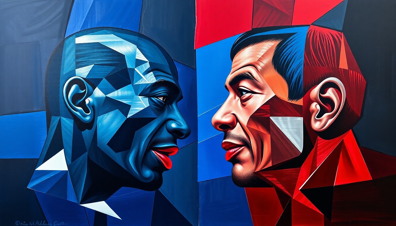 A fragmented, geometric painting in shades of blue, red, and silver, depicting the Mayweather-Pacquiao boxing match in an abstract, cubist style, capturing the uncertainty and complexity surrounding the anticipated rematch.