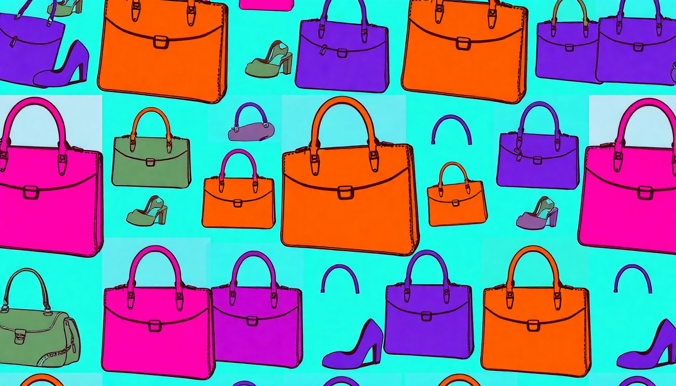 A vibrant, high-contrast silkscreen print of a single luxury fashion item, such as a handbag or shoe, repeated in a grid pattern with bold, neon-like colors and heavy black outlines, capturing the pop art spirit of the Gabriela Hearst installation in Dallas.