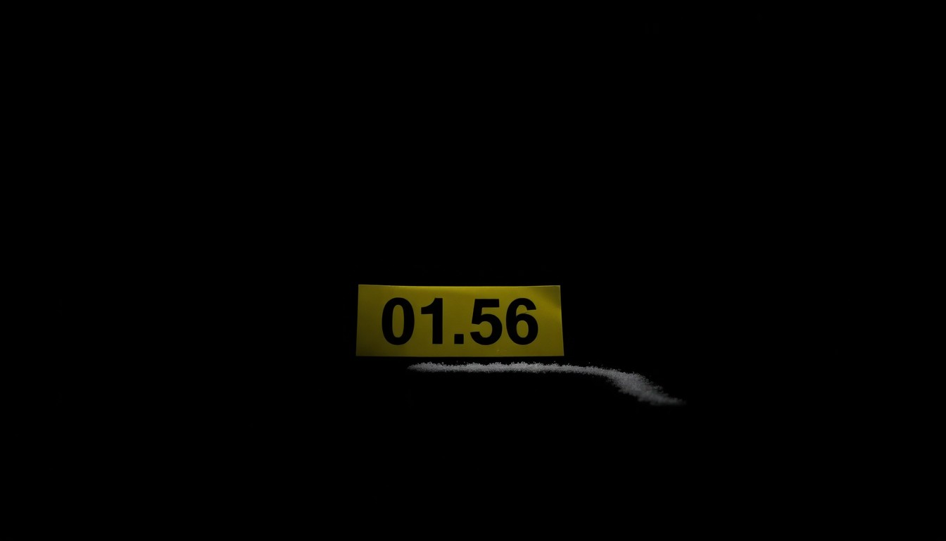 An extreme close-up photograph of a single police evidence marker, such as a numbered placard or chalk outline, lit by a harsh, direct camera flash against a pitch-black background, conceptually illustrating the gritty details of a homicide investigation.
