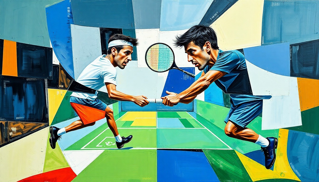 A cubist-style painting depicting a tennis match in a fractured, geometric style, with overlapping planes and shapes representing the dynamic action on the court.