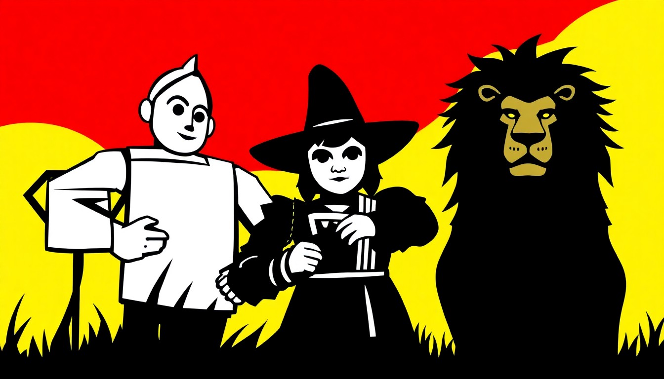 An abstract, minimalist illustration featuring bold, jagged black silhouettes of characters from The Wizard of Oz set against a vibrant red and yellow background, capturing the whimsical and imaginative spirit of the upcoming concert performance.
