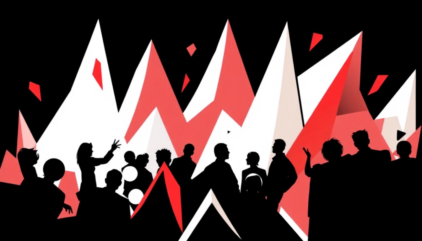 An abstract composition of sharp, angular shapes in black, white, and red, conveying the social and community-driven nature of the evolving tabletop gaming landscape.