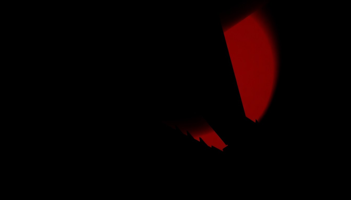 A striking abstract composition of angular, overlapping black and red shapes, conveying the gritty, visceral nature of a retro-inspired horror film.
