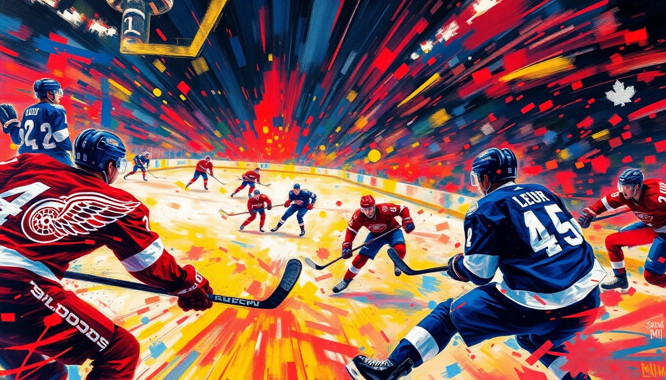 An abstract, expressionist painting in vibrant neon colors capturing the raw energy and fast-paced action of an overtime hockey game, with players' faces and logos dissolving into unrecognizable splatters of paint.