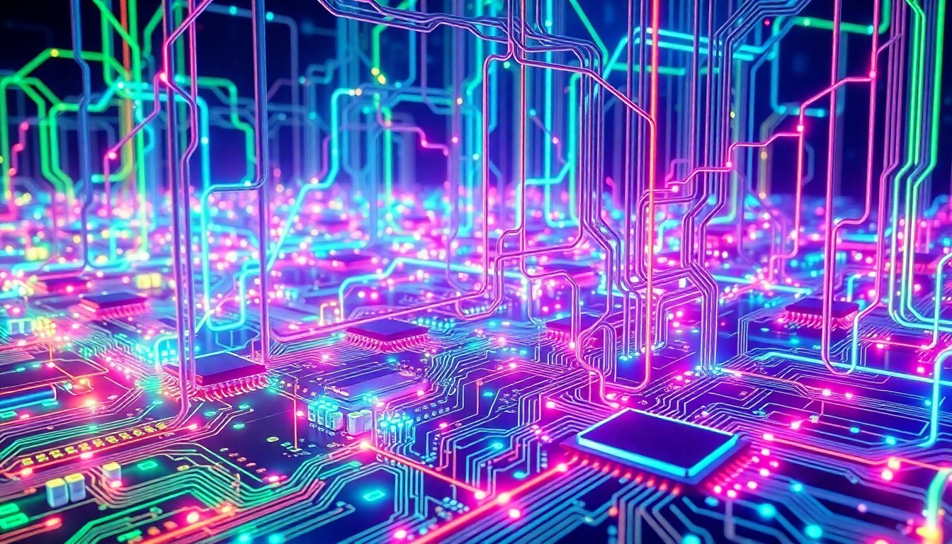 A highly detailed, glowing 3D illustration of a complex network of interconnected circuits, microchips, and fiber optic cables, representing the intricate digital infrastructure that underpins the global financial system. The image is bathed in a vibrant neon palette of blues, greens, and purples, conveying the sense of a powerful, yet fragile, cybernetic ecosystem.