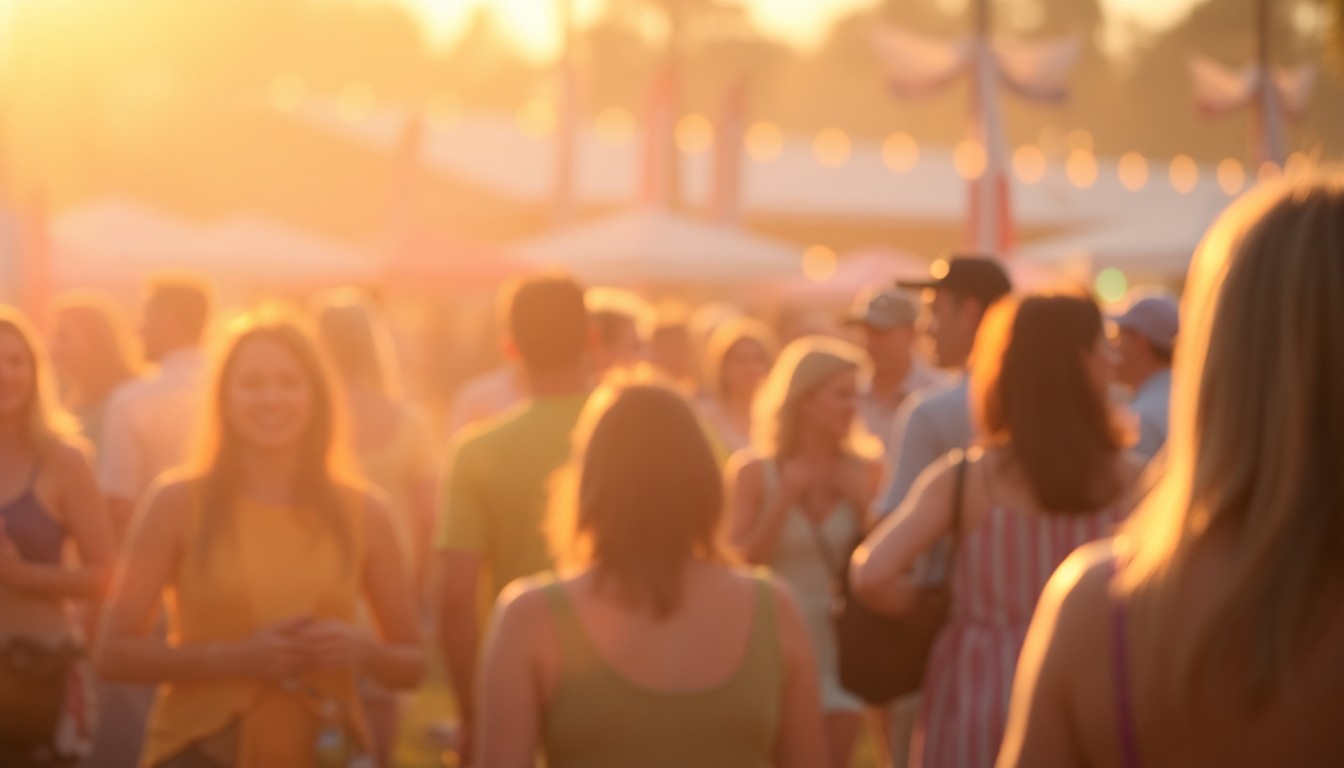 An abstract, impressionistic photograph showing a blurred group of people gathered outdoors, with soft, warm lighting and colors that evoke a sense of community and celebration.