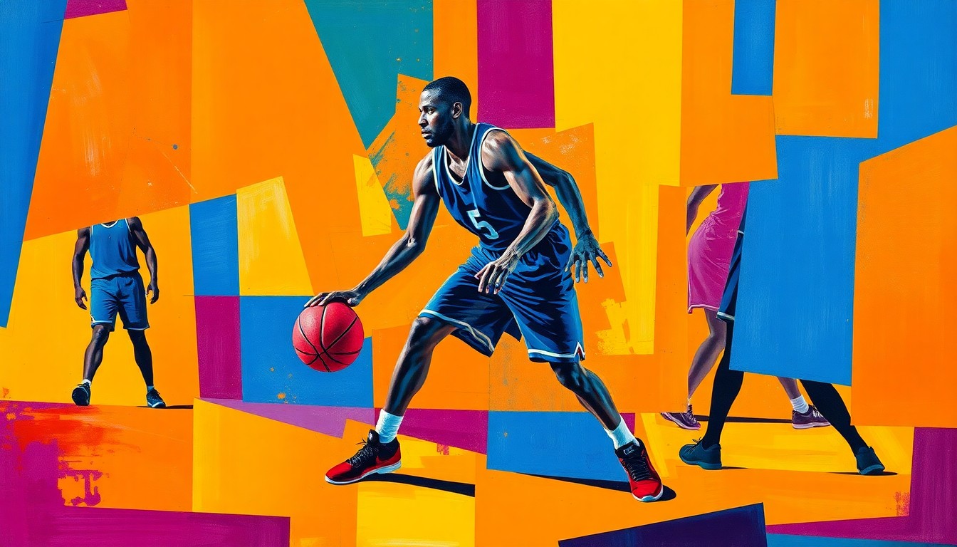 A cubist, geometric painting depicting a basketball player in a defensive stance, with their movements broken down into sharp, overlapping planes of color, capturing the energy and intensity of elite defensive play.