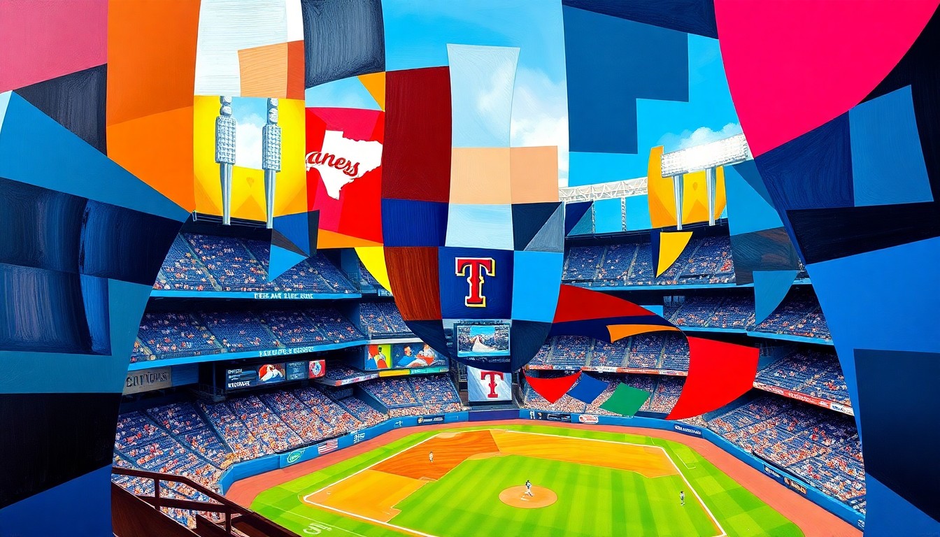 A cubist-style painting depicting a Texas Rangers baseball game, with the players and field broken down into sharp, overlapping geometric shapes in the team's official colors of red, blue, and white. The fragmented, multi-perspective composition captures the intricate nature of the team's roster decisions and the anticipation surrounding their upcoming season.