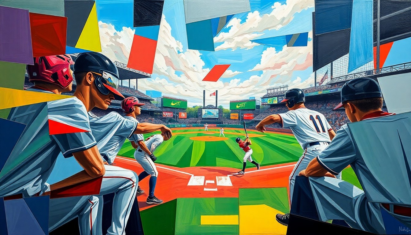 A cubist-style painting depicting a high school baseball game broken down into overlapping geometric shapes and planes, using vibrant colors to capture the energy and movement of the sport.