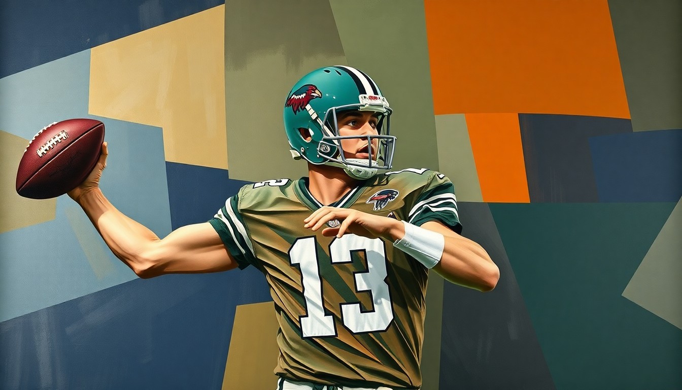 A fragmented, geometric painting depicting a quarterback's throwing motion broken down into sharp, overlapping planes of color, conceptually representing the nuanced physical abilities needed to succeed in the NFL.