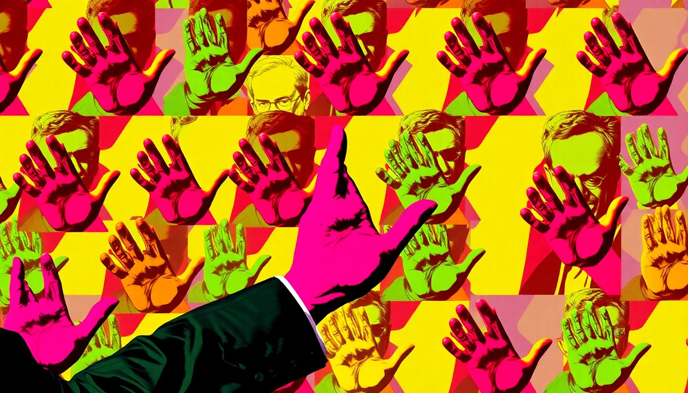 A highly stylized, abstract illustration depicting a professor's hand gesturing during an oral exam, rendered in a vibrant, pop art-inspired color palette and silkscreen technique that captures the energy and controversy surrounding this ancient testing method's resurgence.