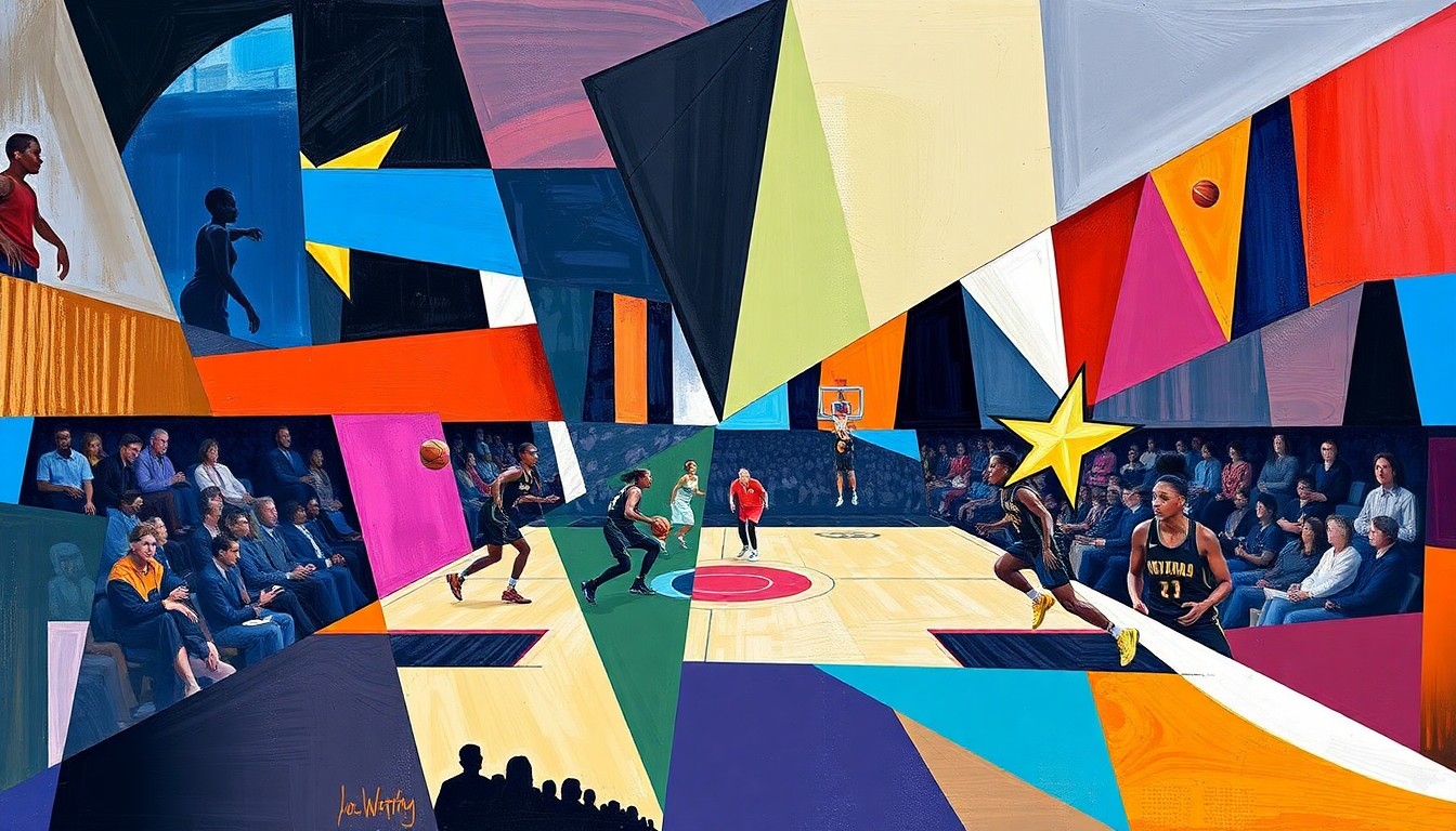 A cubist, geometric painting depicting the action of a WNBA basketball game, with the players and court fragmented into overlapping planes of color representing the official palettes of the Chicago Sky and Los Angeles Sparks.