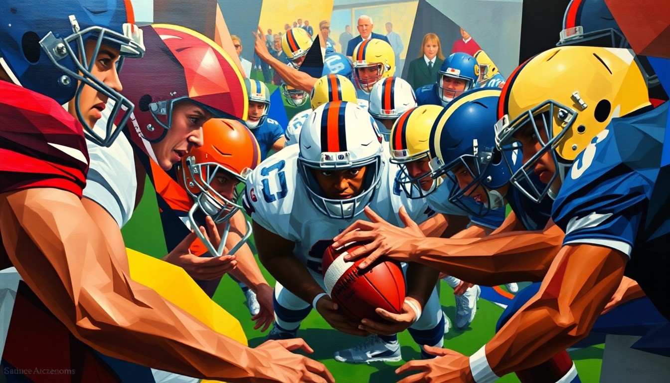A cubist, geometric painting depicting a fragmented football game, with players' bodies and uniforms broken down into sharp, overlapping shapes and planes of color, conveying the physical and neurological toll of the sport.