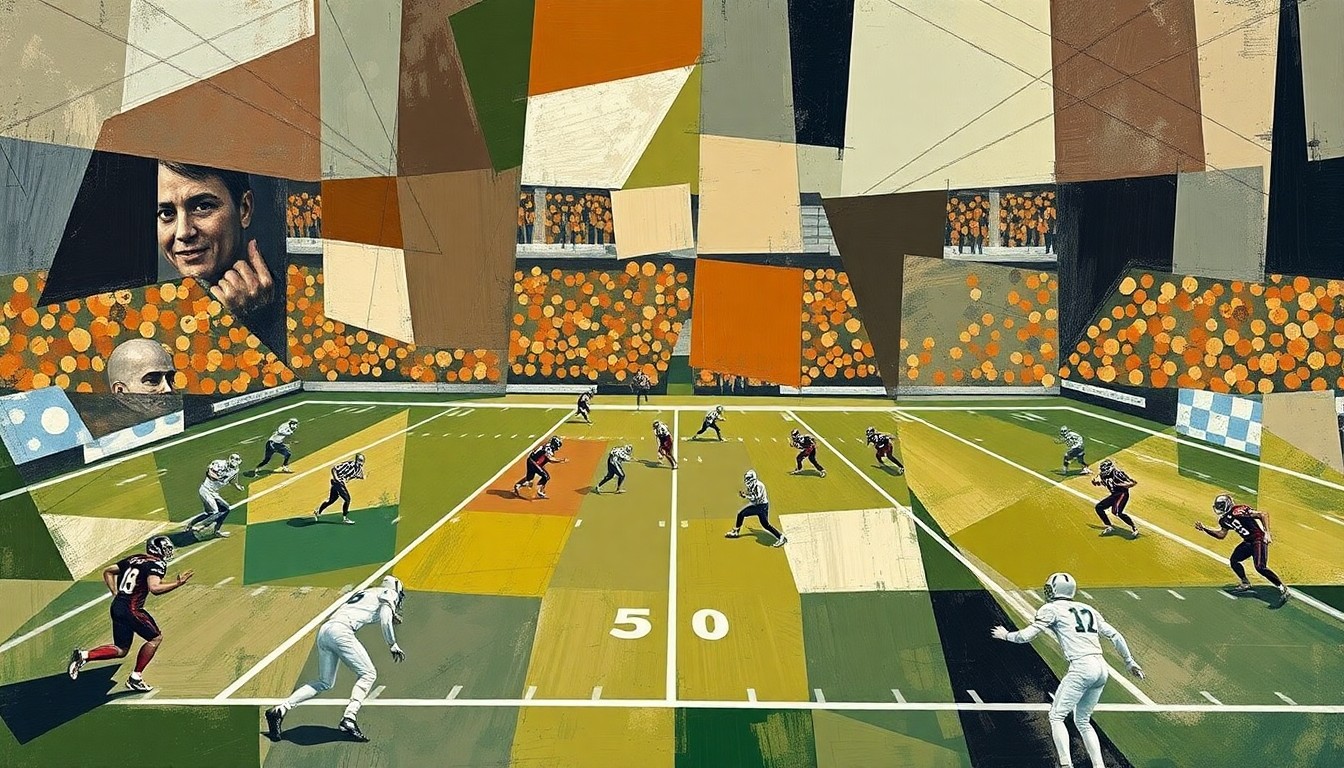 A fractured, cubist-style painting depicting an abstract football game, with the players and field broken down into overlapping geometric shapes and planes in earthy tones, conveying the strategic and developmental nature of the Raiders' quarterback situation.