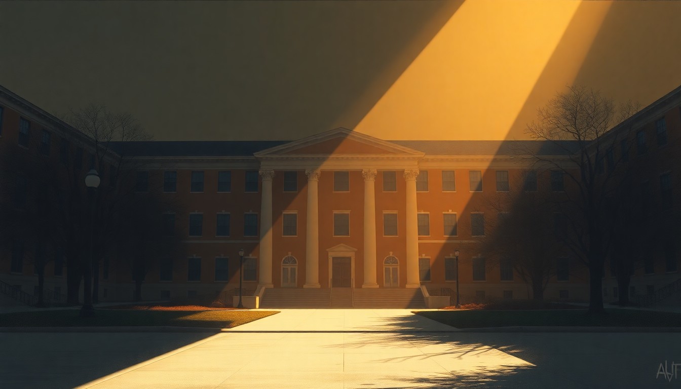 A serene, cinematic painting of a university building in warm, golden light, with deep shadows suggesting an underlying tension and unease.
