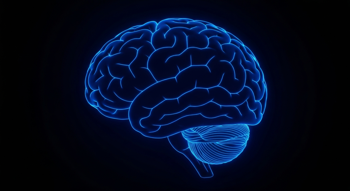 A glowing neon outline of a human brain in shades of bright blue, the brain's complex structure illuminated against a dark background, conceptually representing the neurological impacts of Parkinson's disease.