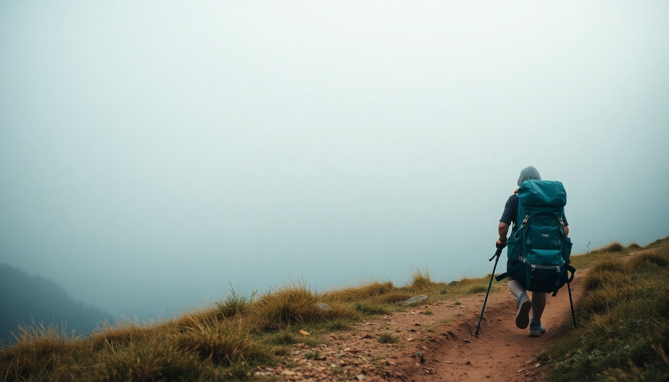 An extremely abstracted, out-of-focus photograph of a hiker's backpack and hiking poles on a remote trail, surrounded by a hazy, dreamlike landscape of muted greens, blues, and browns, conceptually illustrating the vulnerability and isolation of backcountry exploration.