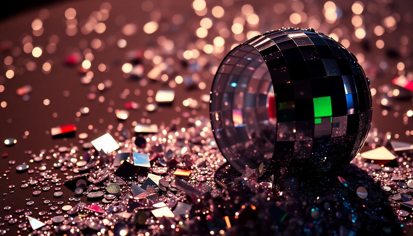 An extreme close-up photograph showcasing the abstract, high-contrast textures of glittering sequins and shattered disco glass, conveying the celebratory mood and energy of Coachella's opening night.